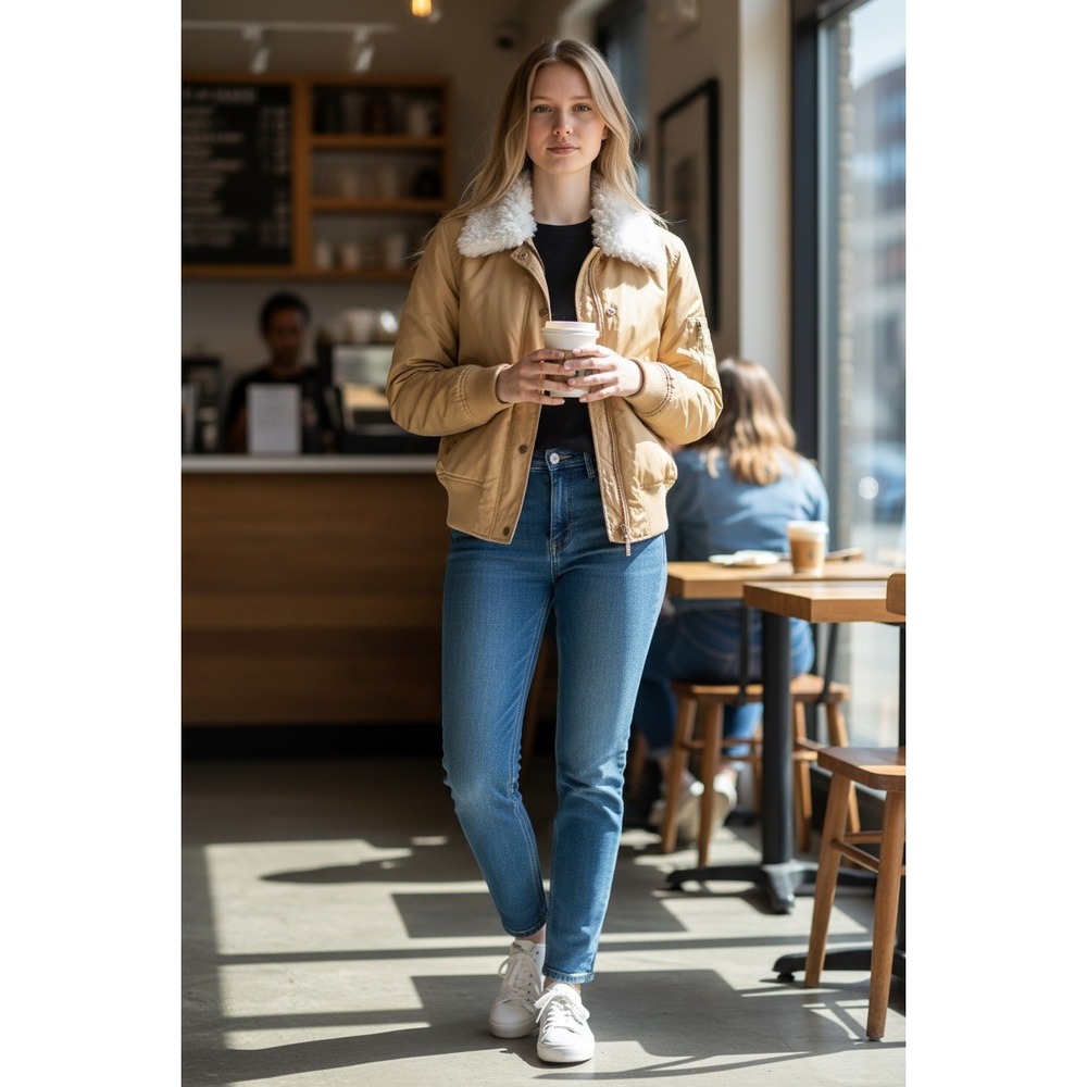 Roxy Bomber Jacket Faux‎ Fur Collar Light Tan Puffer Style Women Size US 6